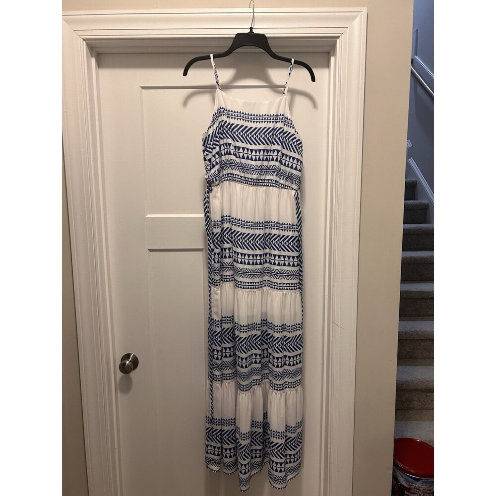 Cezele Boho Maxi Dress Size Medium White & Blue Tiered Hem Belt Spaghetti Straps
